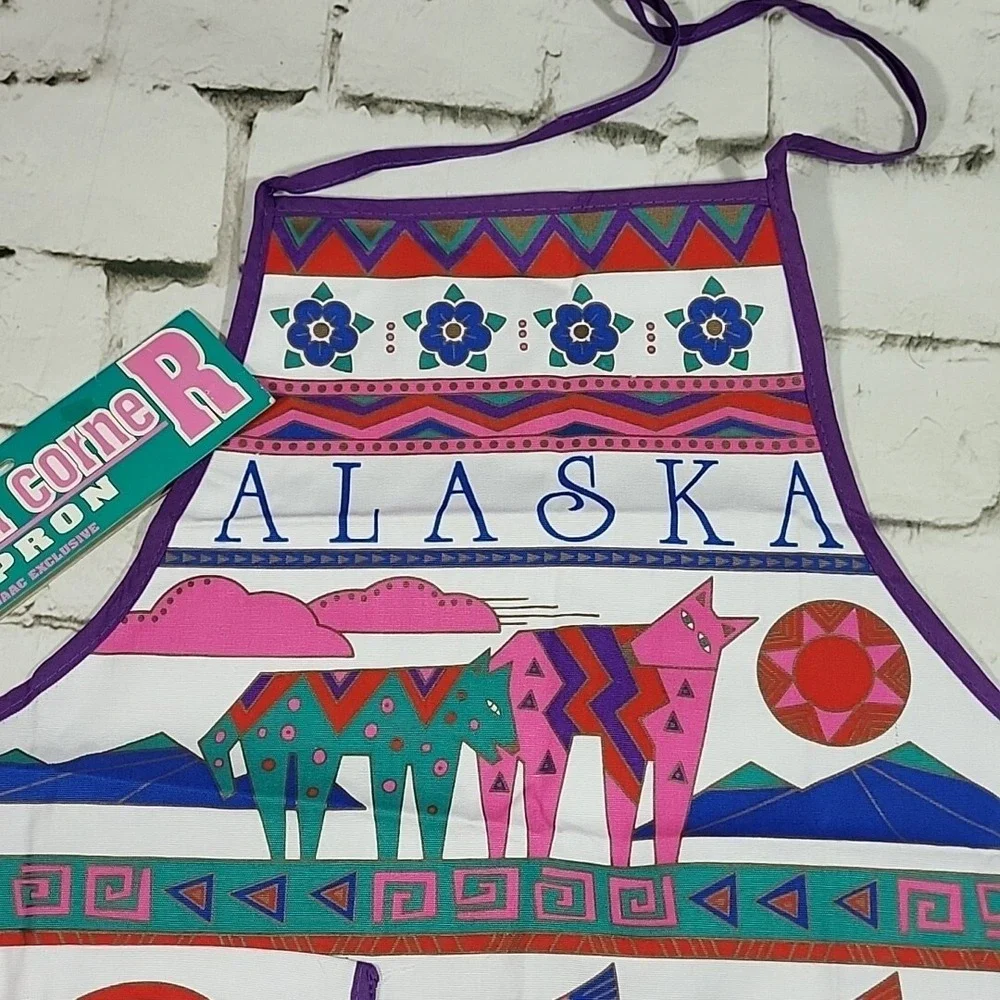 Vintage‎ ALASKA Apron Purple Inuit Arctic Print Bears Eagles 80s NOS